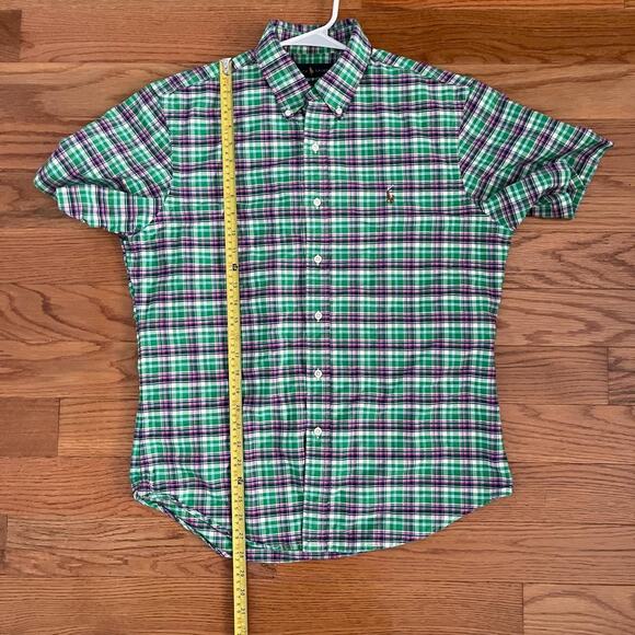 Ralph Lauren Slim Fit Shirt Mens L Green Purple White Plaid Short Sleeve Cotton - Picture 8 of 8